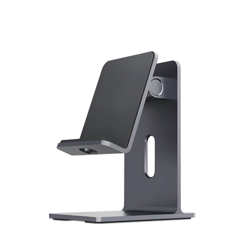 Dark space grey metal alloy universal mobile phone holder on a wooden desk