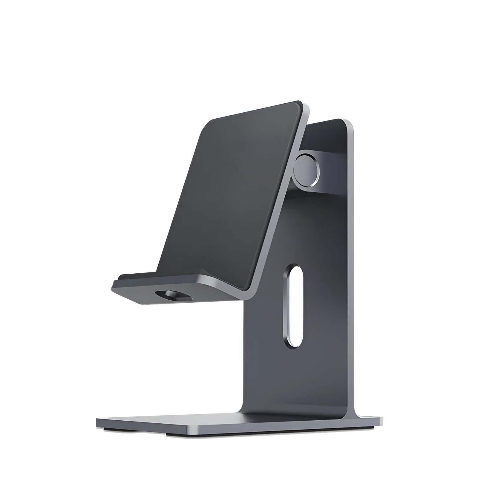 Dark space grey metal alloy universal mobile phone holder on a wooden desk