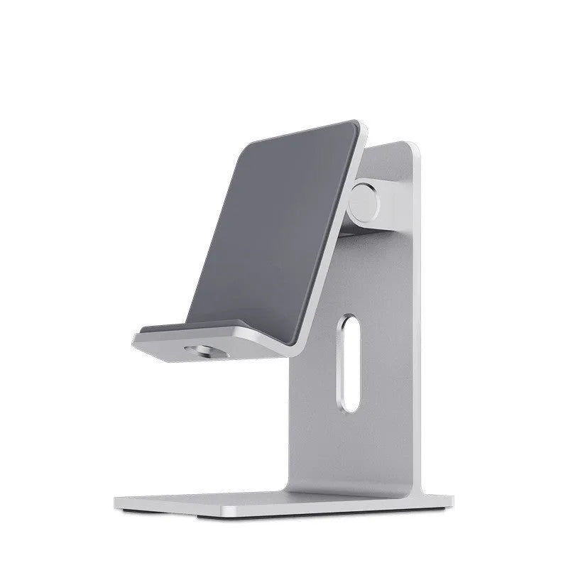 Dark space grey metal alloy universal mobile phone holder on a wooden desk