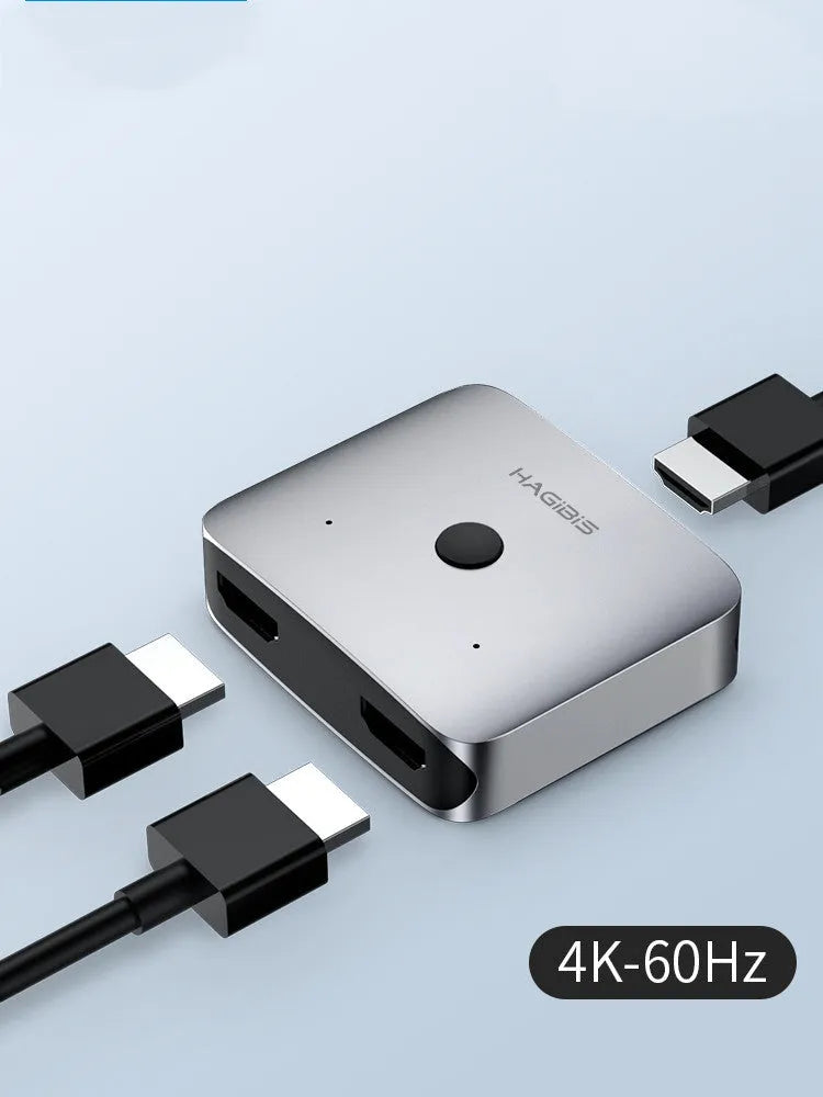 Grey Haibeisi HDMI 1.2 switcher device with two input ports and one output port for 4K video splitting
