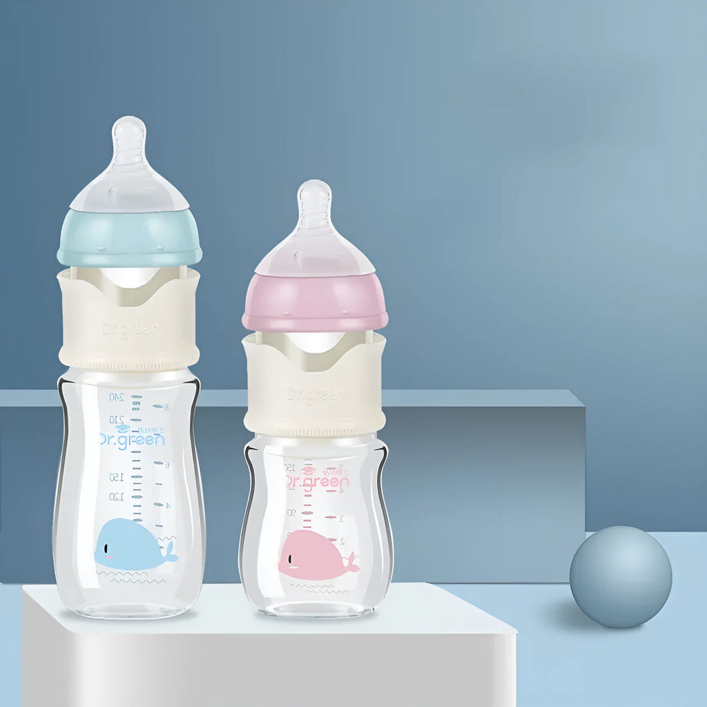 Blue and pink baby glass bottles in 150ml and 240ml sizes with wide caliber arc design