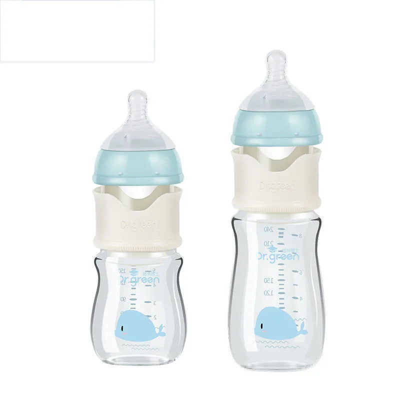 Blue and pink baby glass bottles in 150ml and 240ml sizes with wide caliber arc design