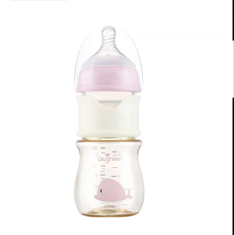 Blue and pink baby glass bottles in 150ml and 240ml sizes with wide caliber arc design