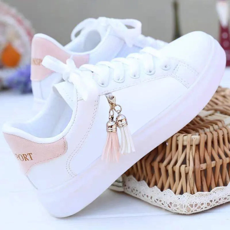 Women's white mesh casual flat shoes with a PU upper and flat rubber sole, shown in black and pink colour options.
