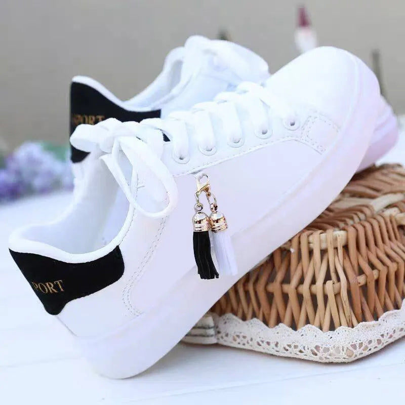 Women's white mesh casual flat shoes with a PU upper and flat rubber sole, shown in black and pink colour options.