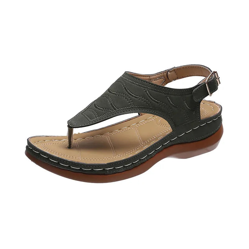 Women's casual wedge heel flip flop sandals with an adjustable back strap in solid colours.