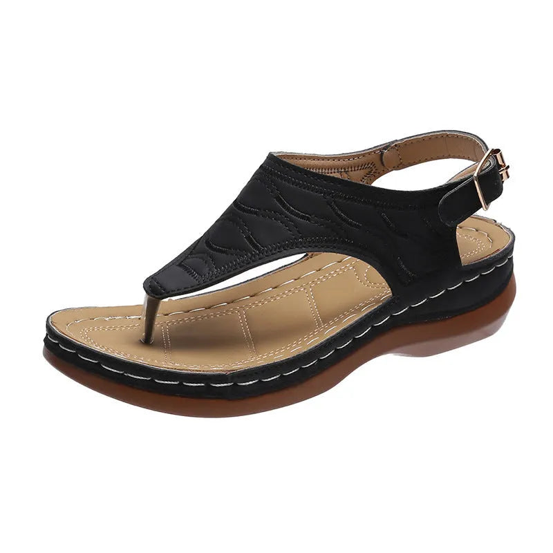 Women's casual wedge heel flip flop sandals with an adjustable back strap in solid colours.