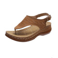 Women's casual wedge heel flip flop sandals with an adjustable back strap in solid colours.