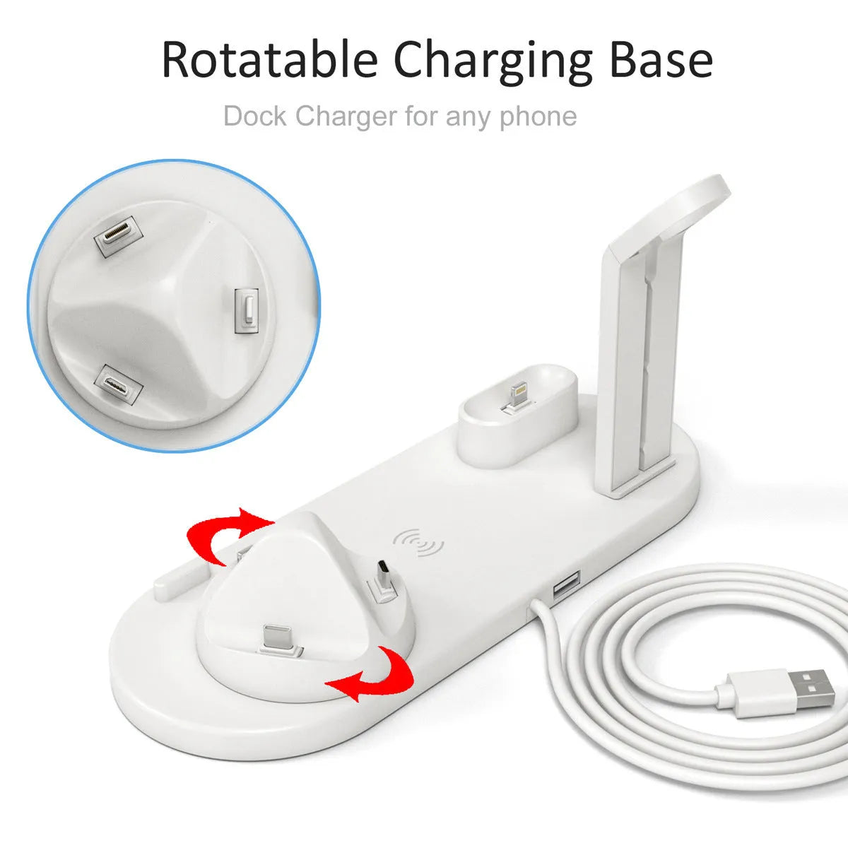 Black three-in-one wireless charging station holding an Apple Watch, AirPods case, and an iPhone on a desk.