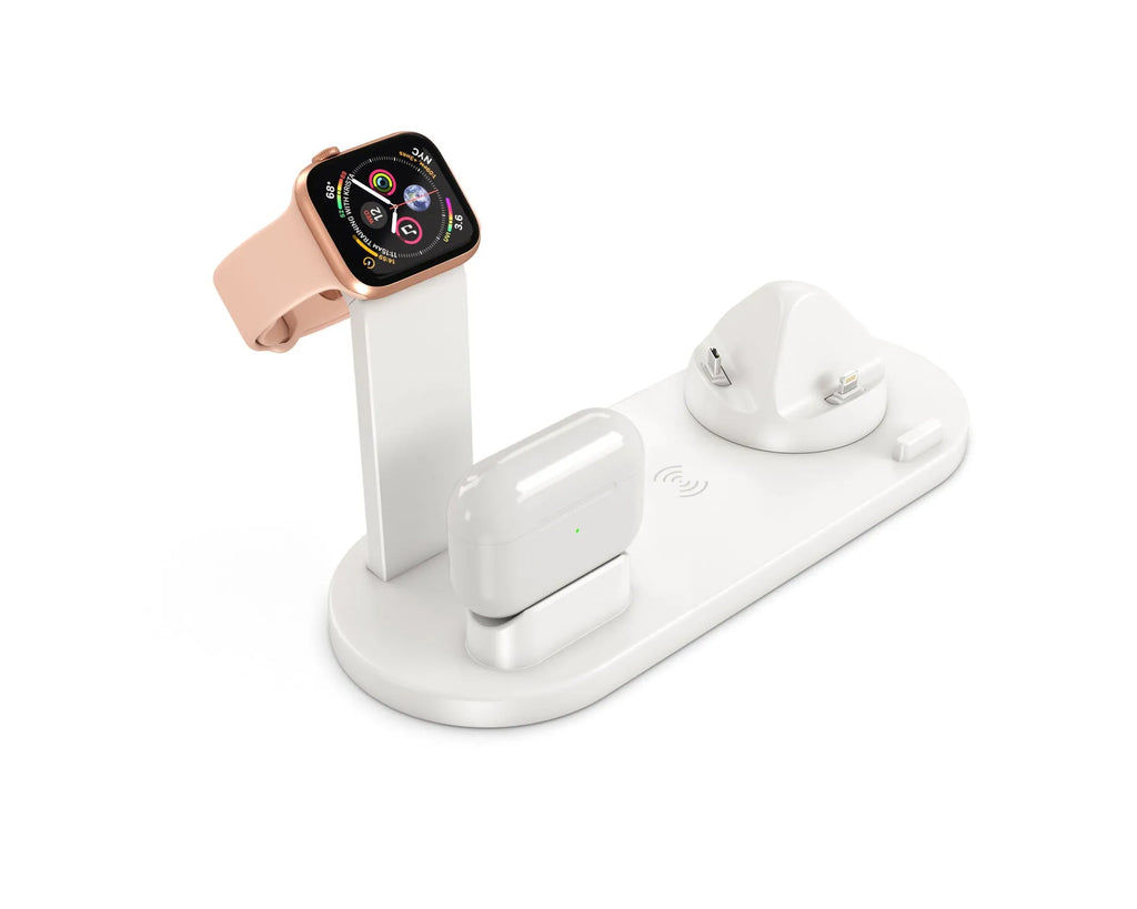 Black three-in-one wireless charging station holding an Apple Watch, AirPods case, and an iPhone on a desk.