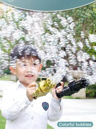 Kids plastic bubble machine gun toy in pink, gold, or black with battery compartment and removable bubble head.