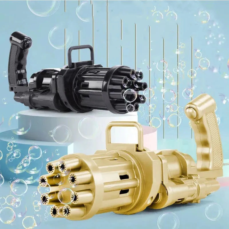 Kids plastic bubble machine gun toy in pink, gold, or black with battery compartment and removable bubble head.