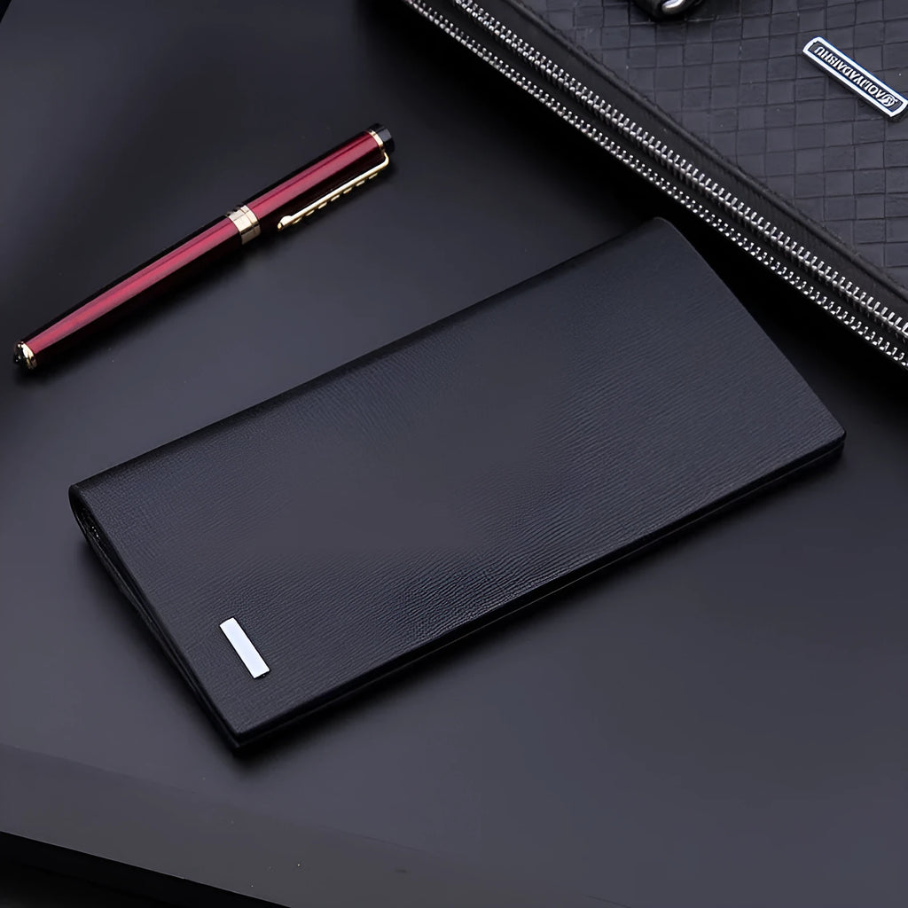 Men's long wallet in black with colour contrast detailing and hidden compartment