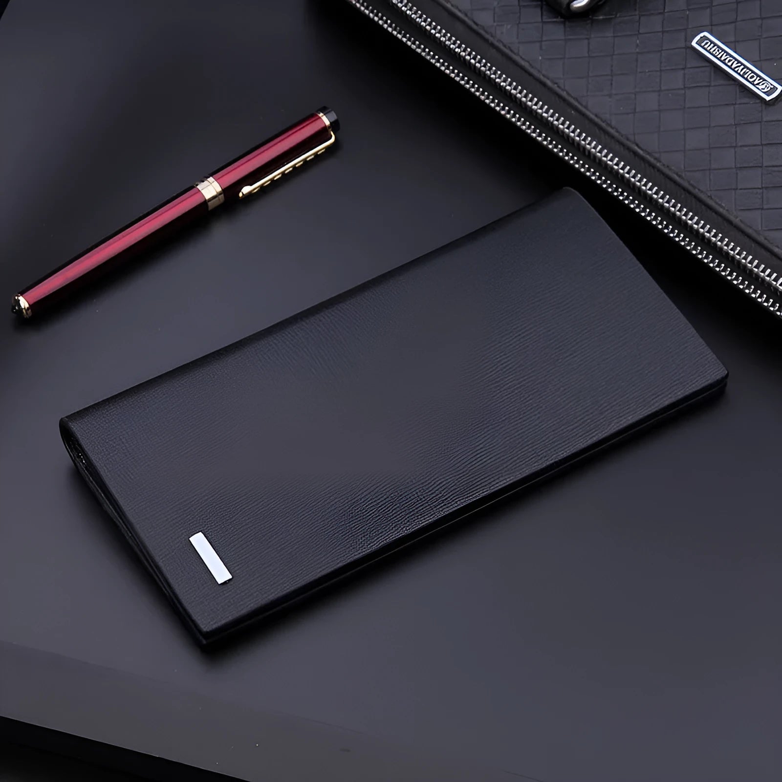 Men's long wallet in black with colour contrast detailing and hidden compartment