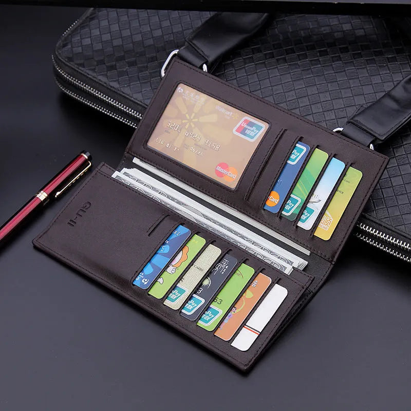 Men's long wallet in black with colour contrast detailing and hidden compartment