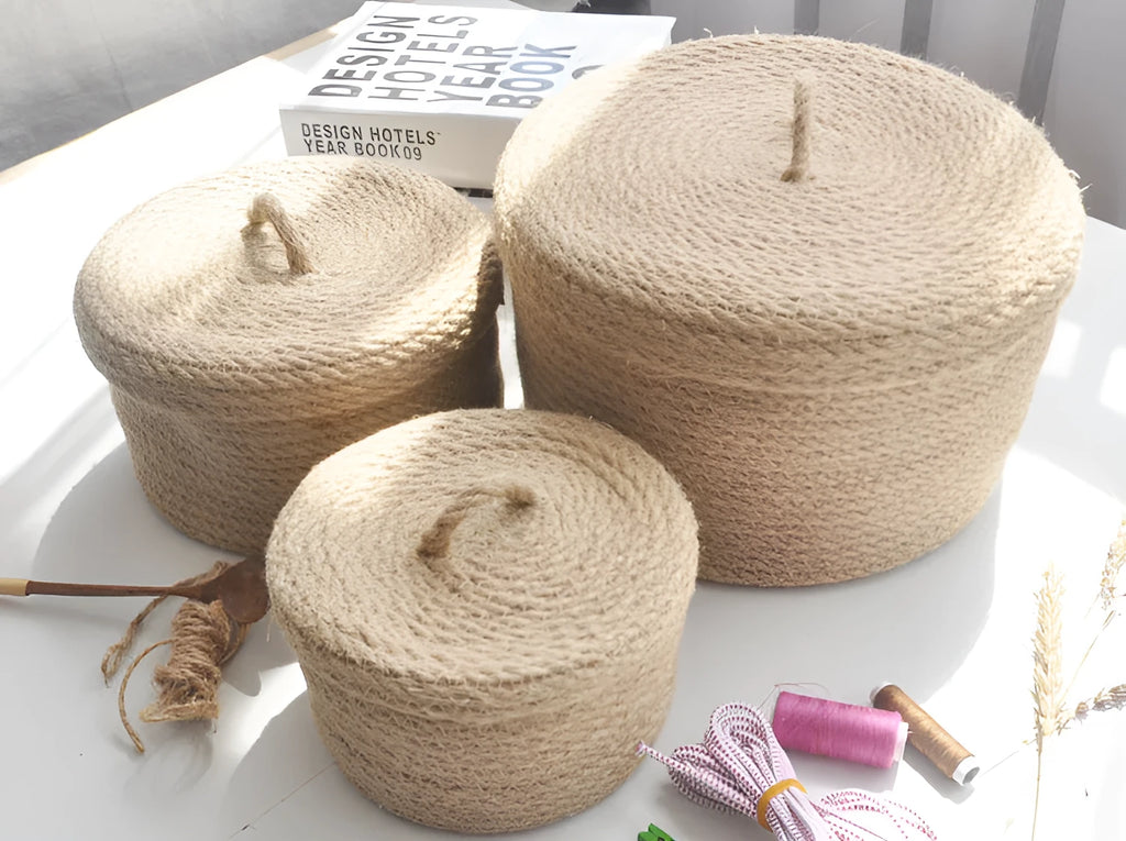 Japanese style linen fabric storage basket with dustproof cover in three sizes.