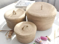 Japanese style linen fabric storage basket with dustproof cover in three sizes.
