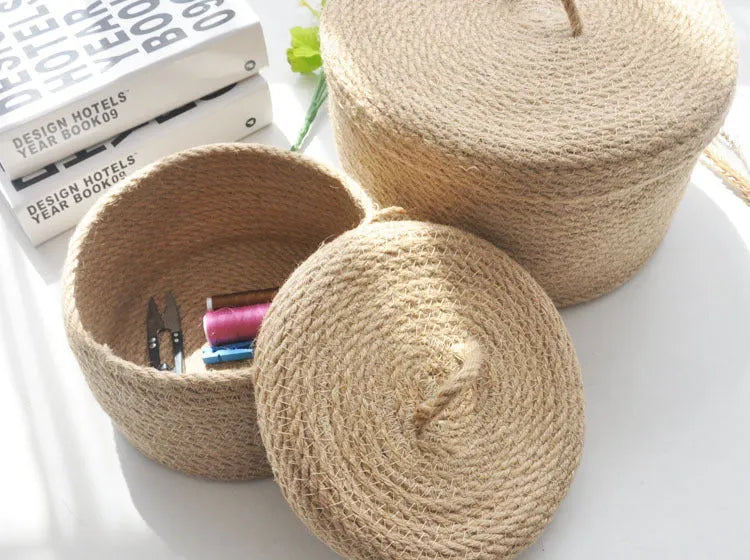 Japanese style linen fabric storage basket with dustproof cover in three sizes.