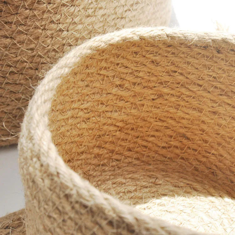 Japanese style linen fabric storage basket with dustproof cover in three sizes.