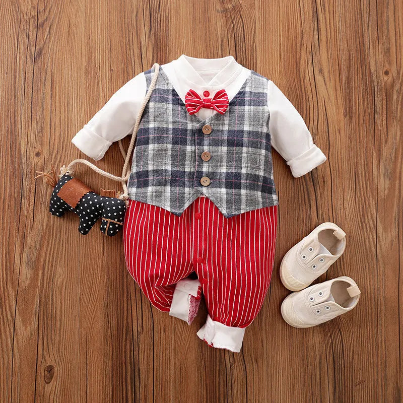 Baby boy wearing cotton gentleman-style jumpsuit in navy blue with long sleeves for spring or autumn