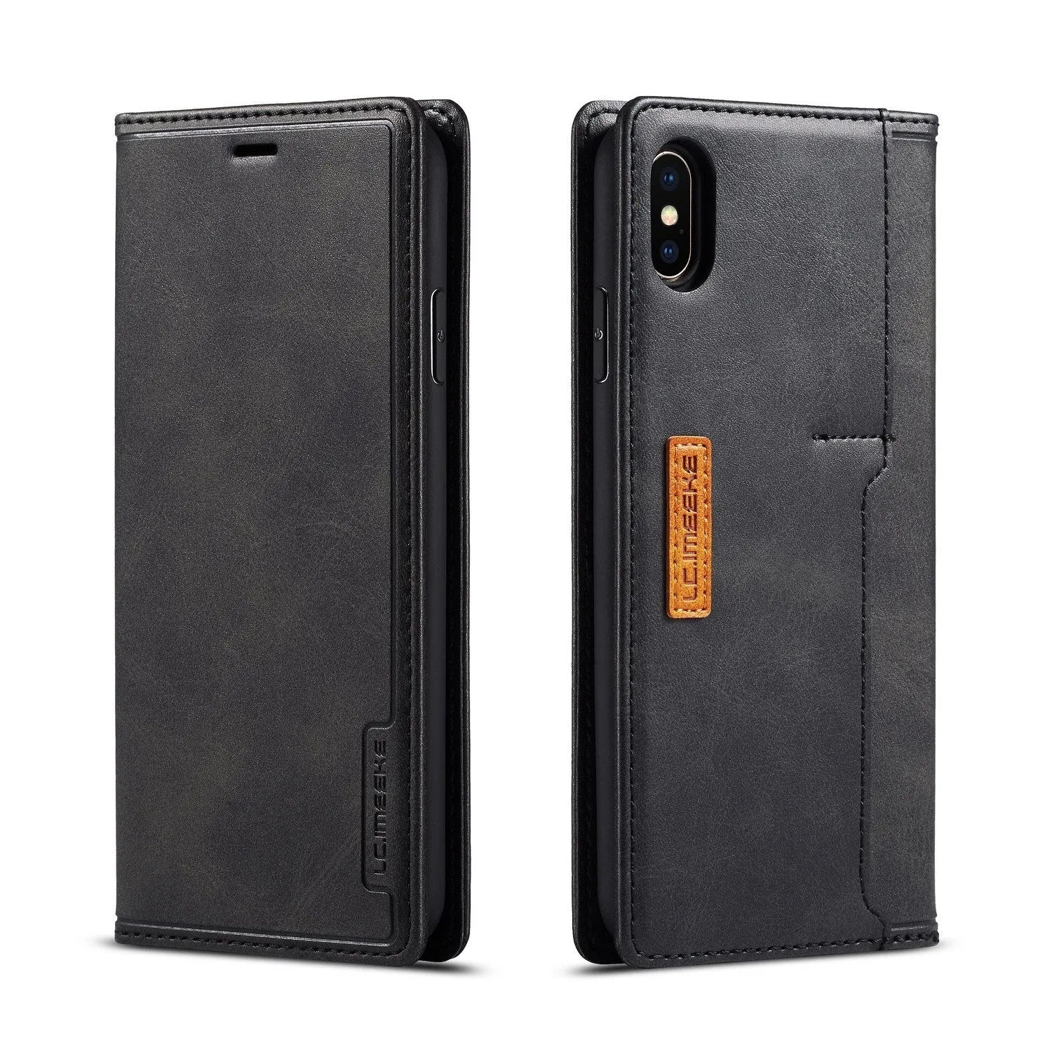 Retro flip wallet phone case in leather and PU showing card storage compartment for iPhone