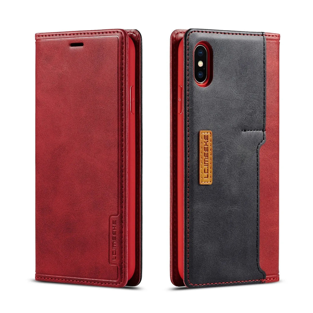 Retro flip wallet phone case in leather and PU showing card storage compartment for iPhone