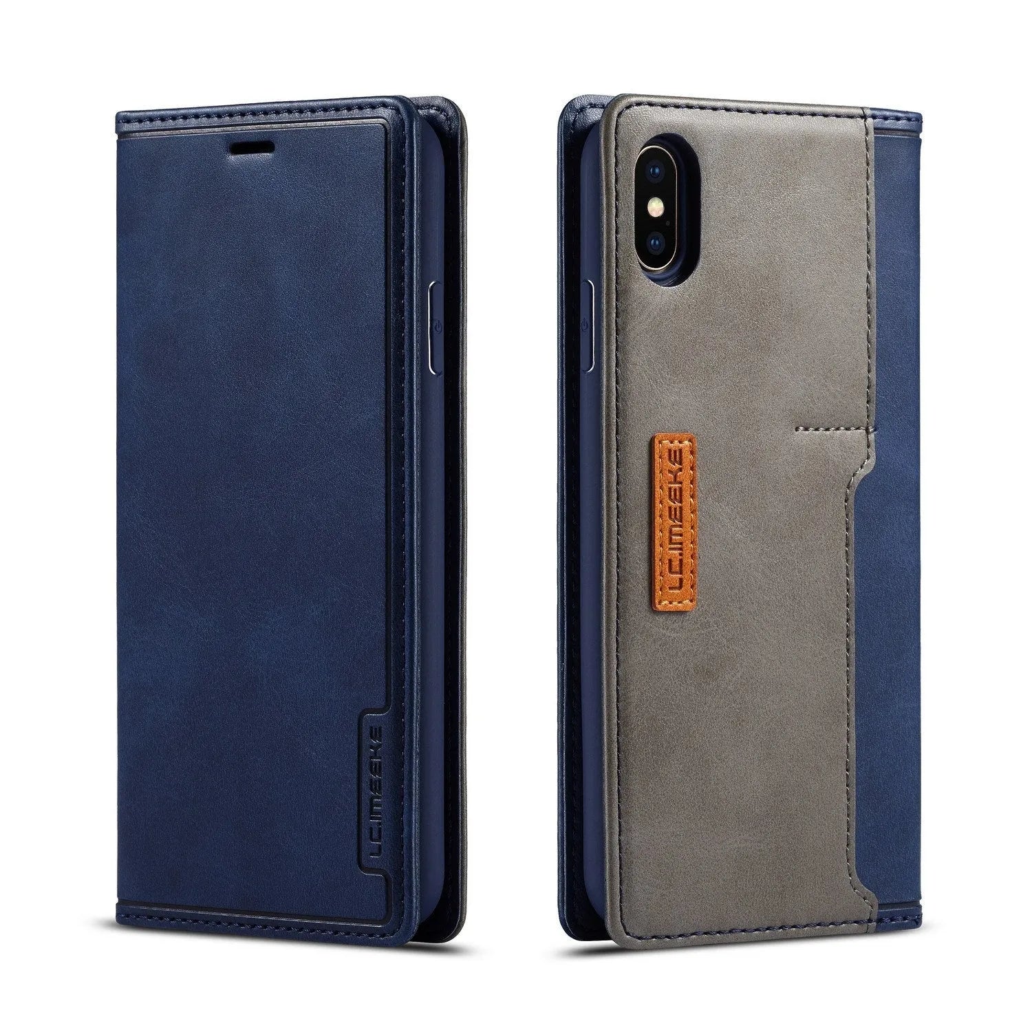 Retro flip wallet phone case in leather and PU showing card storage compartment for iPhone