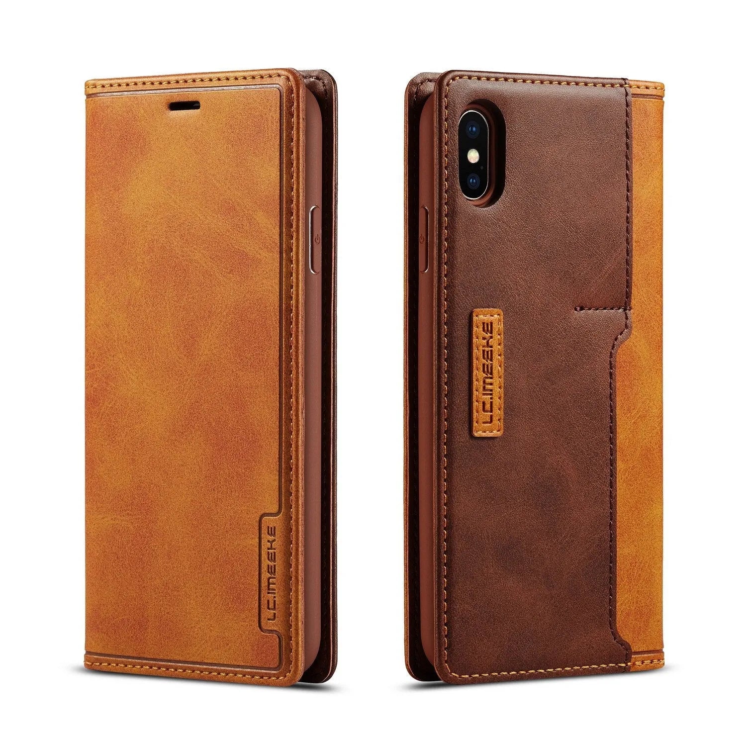 Retro flip wallet phone case in leather and PU showing card storage compartment for iPhone