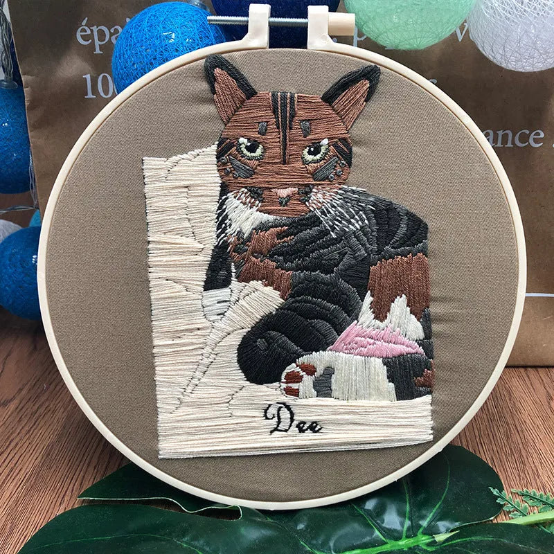 Beginners three-dimensional cat cross stitch kit with embroidery frame and cotton fabric