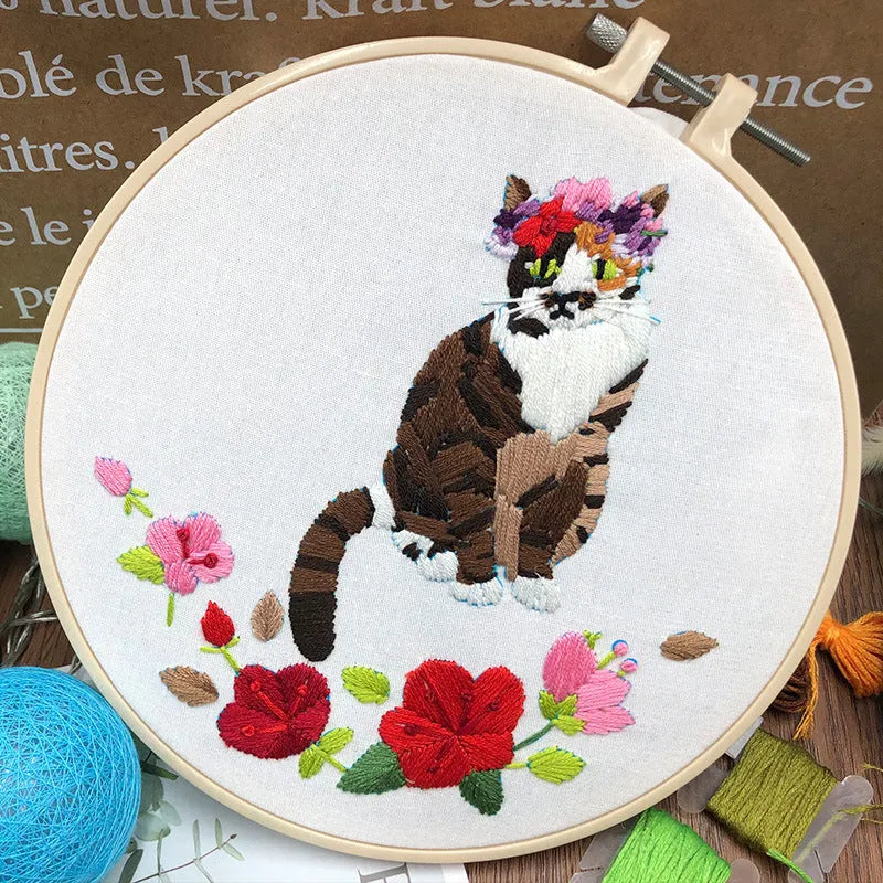 Beginners three-dimensional cat cross stitch kit with embroidery frame and cotton fabric