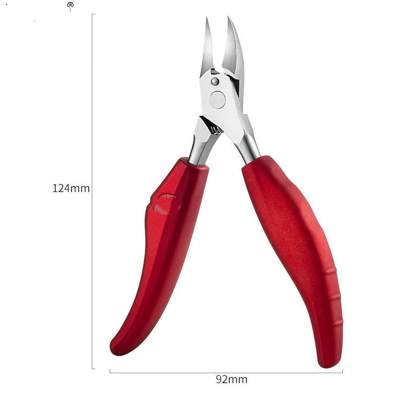 Stainless steel nail clippers set with red, blue, and black ABS handles and grooming accessories.