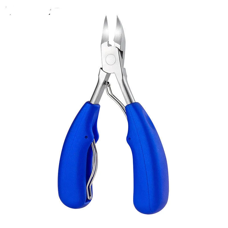 Stainless steel nail clippers set with red, blue, and black ABS handles and grooming accessories.