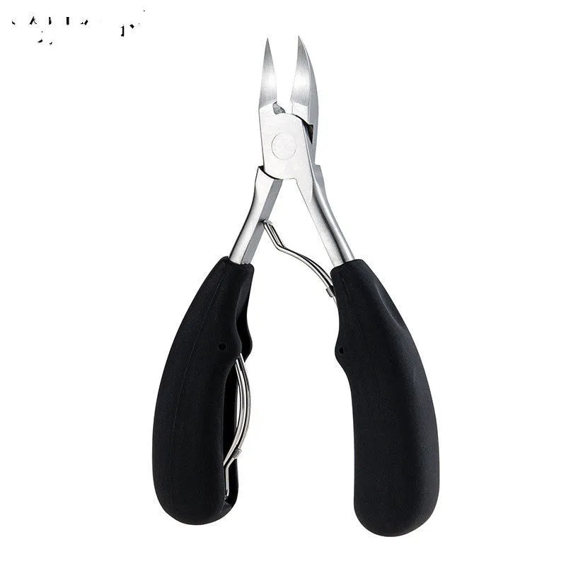 Stainless steel nail clippers set with red, blue, and black ABS handles and grooming accessories.