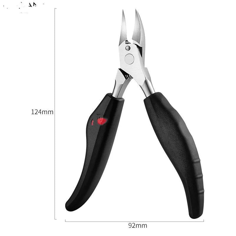 Stainless steel nail clippers set with red, blue, and black ABS handles and grooming accessories.