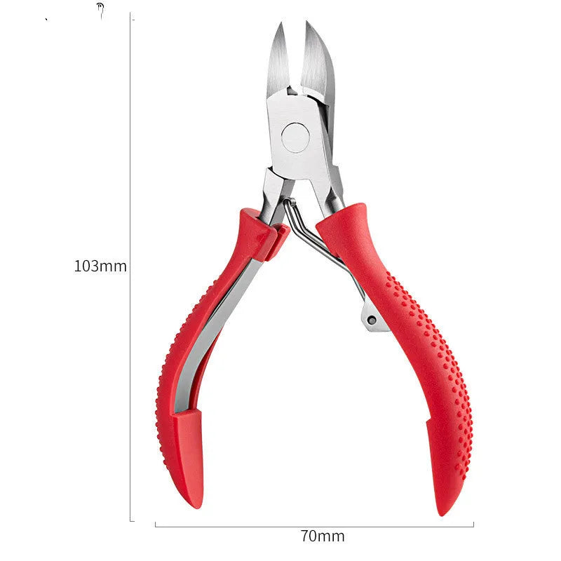 Stainless steel nail clippers set with red, blue, and black ABS handles and grooming accessories.