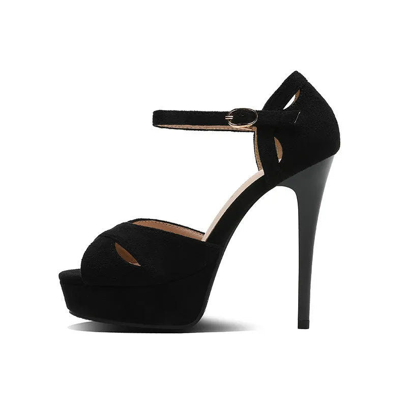 Black Roman style stiletto platform sandals with fish mouth toe and waterproof design
