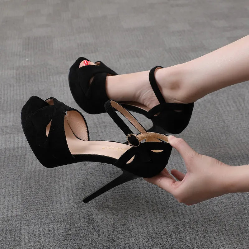 Black Roman style stiletto platform sandals with fish mouth toe and waterproof design