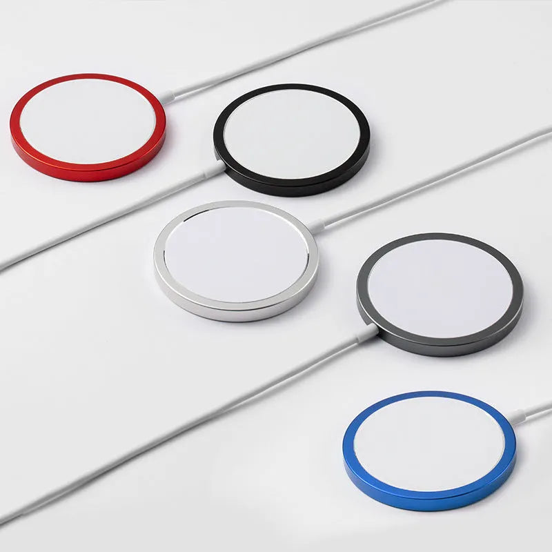 Magsafe magnetic wireless charger for Apple iPhone in silver, black, blue, or red metal finish