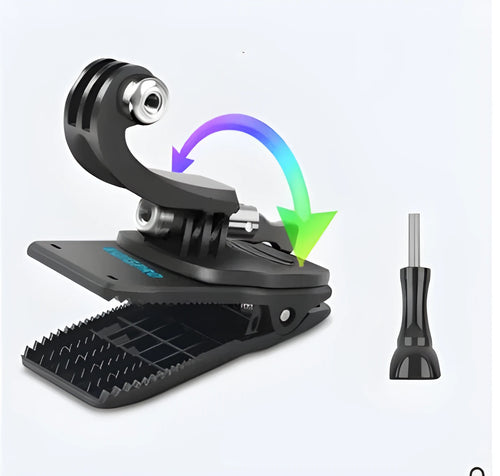 A 360-degree rotating backpack clip mount for GoPro and DJI Action cameras, made of black ABS plastic and silver aluminium alloy.