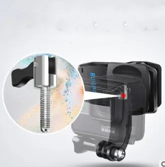 A 360-degree rotating backpack clip mount for GoPro and DJI Action cameras, made of black ABS plastic and silver aluminium alloy.