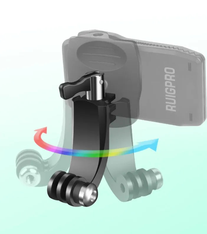 A 360-degree rotating backpack clip mount for GoPro and DJI Action cameras, made of black ABS plastic and silver aluminium alloy.