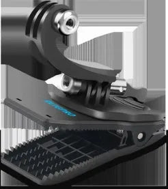 A 360-degree rotating backpack clip mount for GoPro and DJI Action cameras, made of black ABS plastic and silver aluminium alloy.