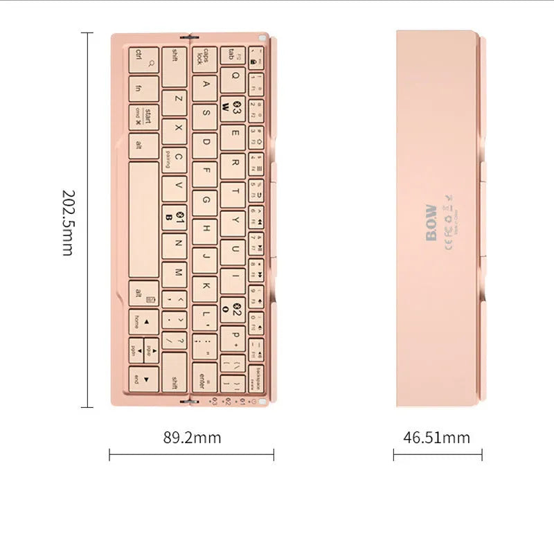 Silver white aluminium folding Bluetooth keyboard open with smartphone propped on hidden stand