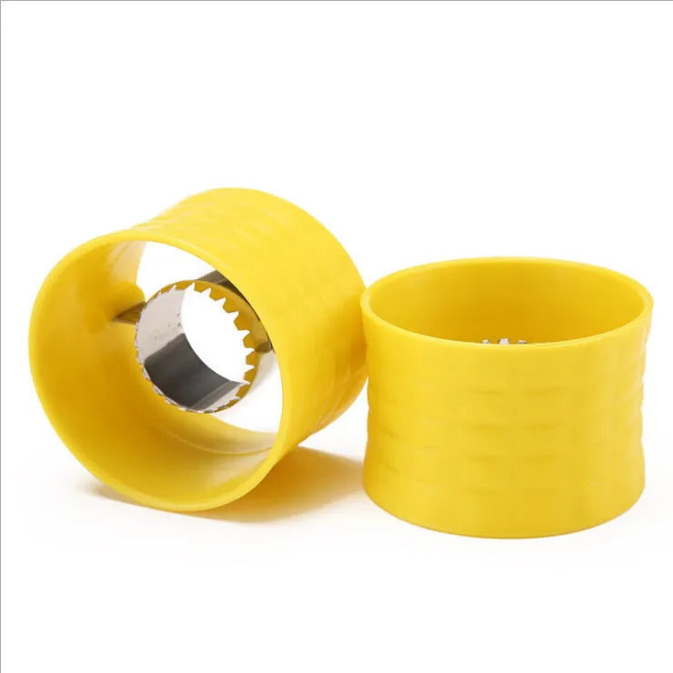 Yellow manual corn grinder thresher with corn-shaped design and PP plastic grip.