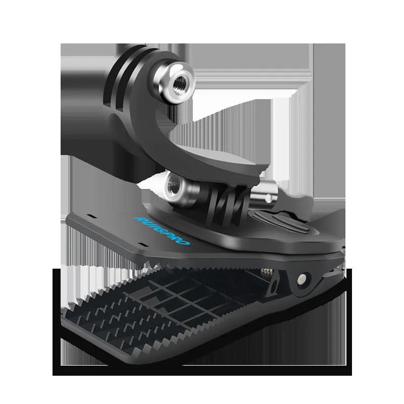 A 360-degree rotating backpack clip mount for GoPro and DJI Action cameras, made of black ABS plastic and silver aluminium alloy.