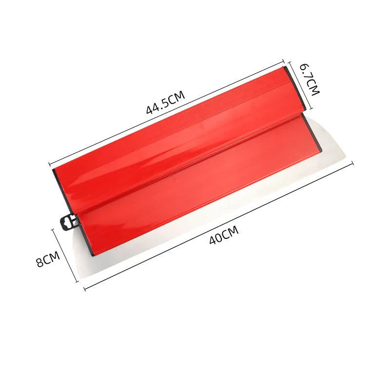 Red leveling scraper with 40cm stainless steel blade for wall preparation tasks