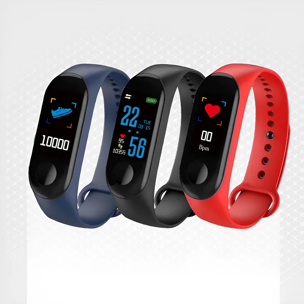 M3 smart bracelet with colour screen on a wrist, showing fitness data, with black, red, and blue colour options.