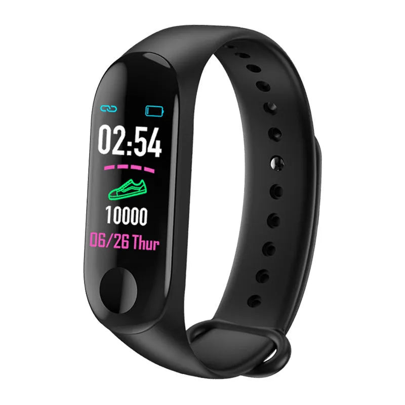 M3 smart bracelet with colour screen on a wrist, showing fitness data, with black, red, and blue colour options.