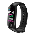 M3 smart bracelet with colour screen on a wrist, showing fitness data, with black, red, and blue colour options.