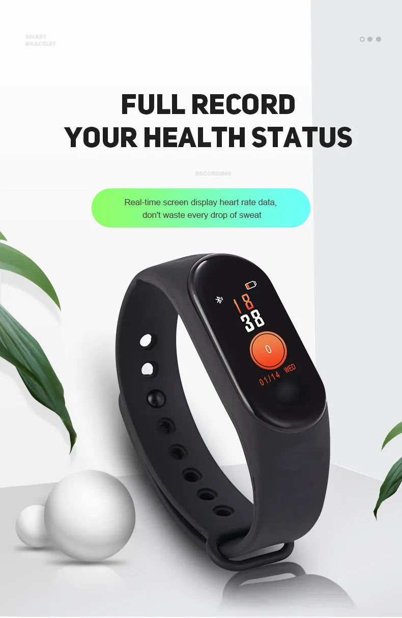 M3 smart bracelet with colour screen on a wrist, showing fitness data, with black, red, and blue colour options.